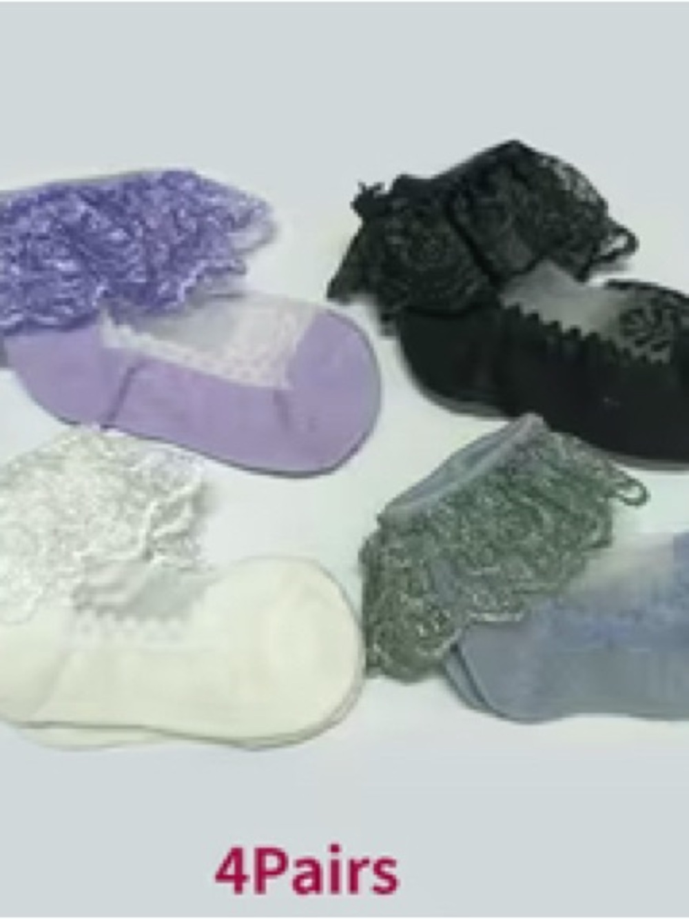 1- set of 4 pairs baby No-Show Lace Trim Socks - Purple, Black, White, Gray